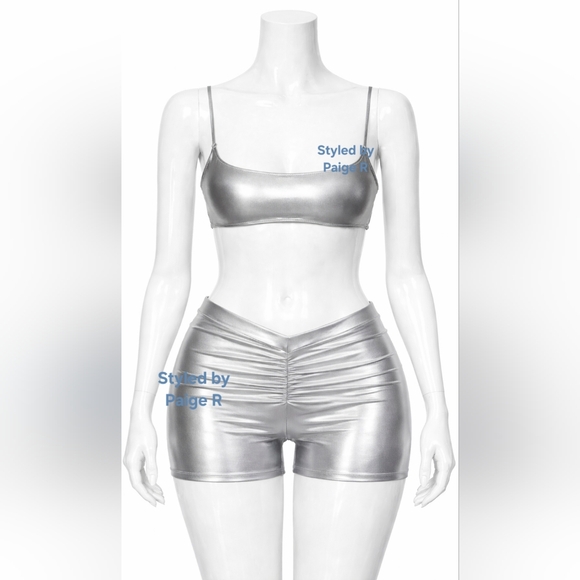 ⛱️NWT SKIMS 2 Piece Metallic Silver Swim V Shorts bikini top Set NICKEL 4X